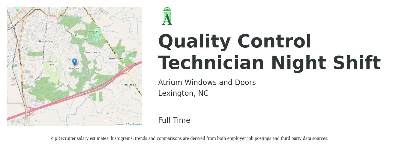 Atrium Windows and Doors job posting for a Quality Control Technician Night Shift in Lexington, NC with a salary of $17 Hourly with a map of Lexington location.