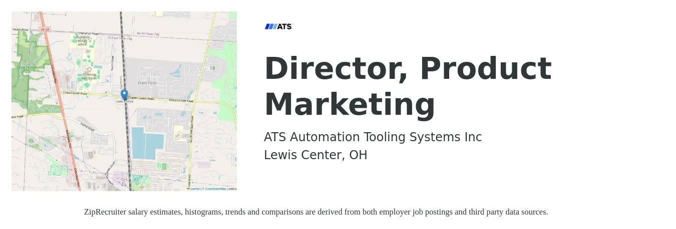 ATS Automation Tooling Systems job posting for a Director, Product Marketing in Lewis Center, OH with a salary of $143,100 to $213,000 Yearly with a map of Lewis Center location.