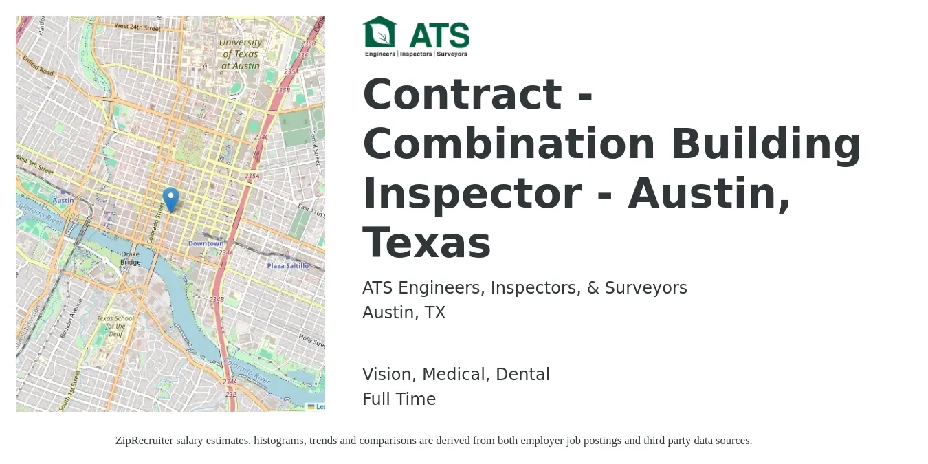ATS Engineers, Inspectors, & Surveyors job posting for a Contract - Combination Building Inspector - Austin, Texas in Austin, TX with a salary of $53,500 to $80,300 Yearly and benefits including dental, life_insurance, medical, retirement, and vision with a map of Austin location.