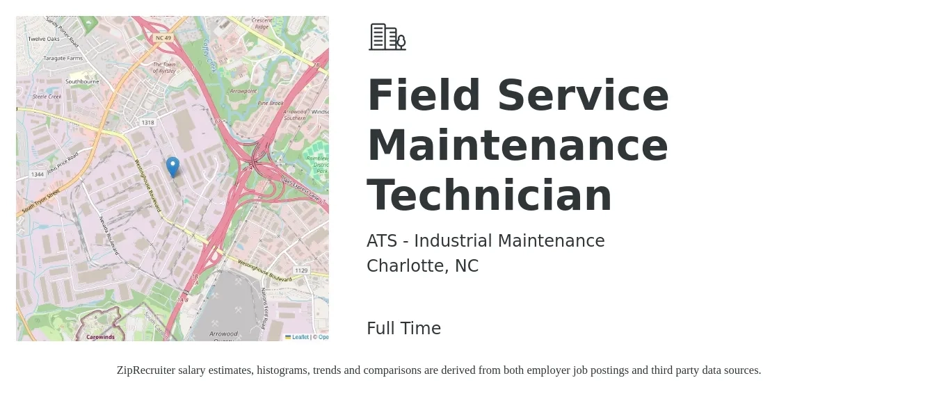 ATS - Industrial Maintenance job posting for a Field Service Maintenance Technician in Charlotte, NC with a salary of $20 to $29 Hourly with a map of Charlotte location.