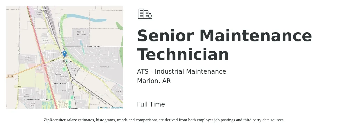 ATS - Industrial Maintenance job posting for a Senior Maintenance Technician in Marion, AR with a salary of $35 to $41 Hourly with a map of Marion location.