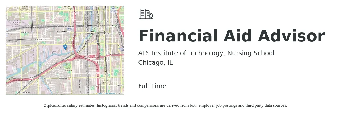 ATS Institute of Technology, Nursing School job posting for a Financial Aid Advisor in Chicago, IL with a salary of $21 to $27 Hourly with a map of Chicago location.