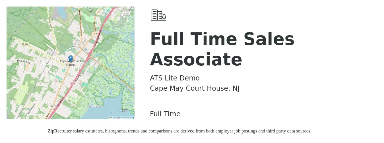 ATS Lite Demo job posting for a Full Time Sales Associate in Cape May Court House, NJ with a salary of $14 to $19 Hourly with a map of Cape May Court House location.