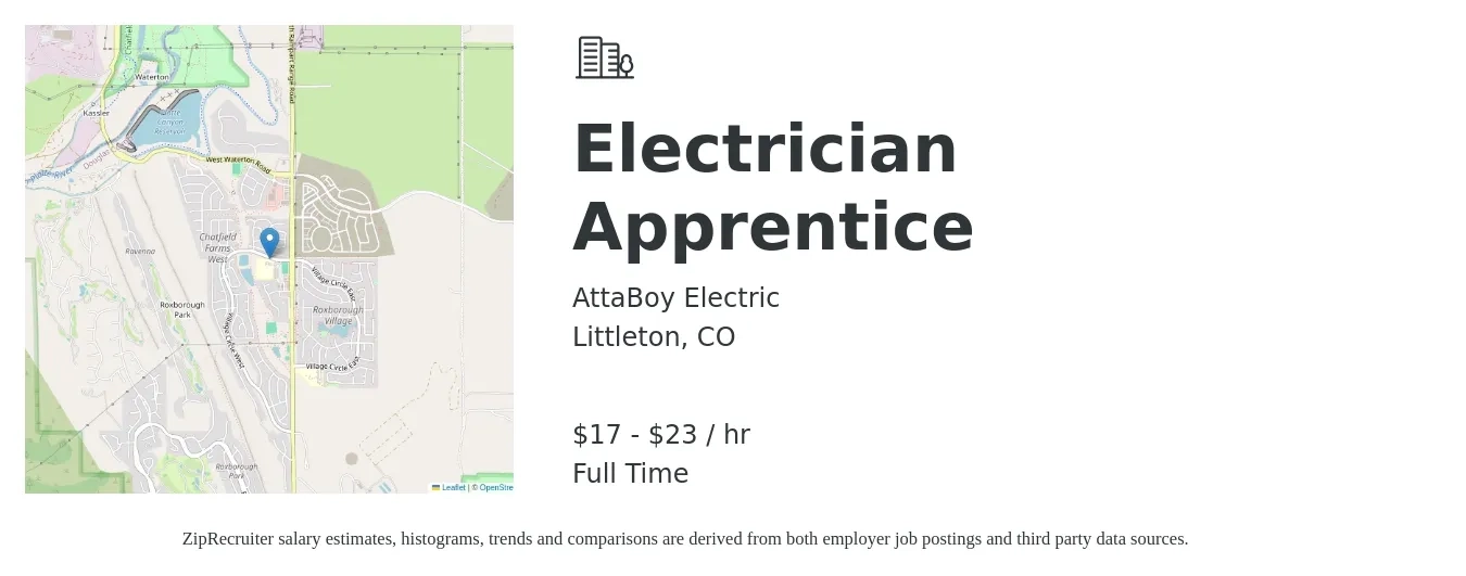 AttaBoy Electric job posting for a Electrician Apprentice in Littleton, CO with a salary of $18 to $24 Hourly with a map of Littleton location.
