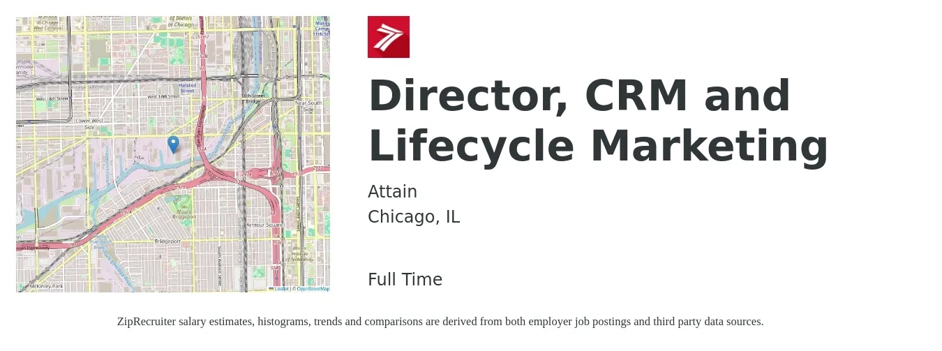 Attain job posting for a Director, CRM and Lifecycle Marketing in Chicago, IL with a salary of $73,700 to $135,500 Yearly with a map of Chicago location.