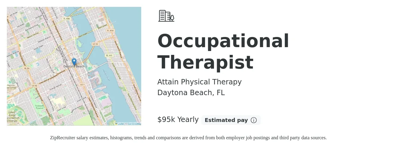 Attain Physical Therapy job posting for a Occupational Therapist in Daytona Beach, FL with a salary of $95,000 Yearly with a map of Daytona Beach location.