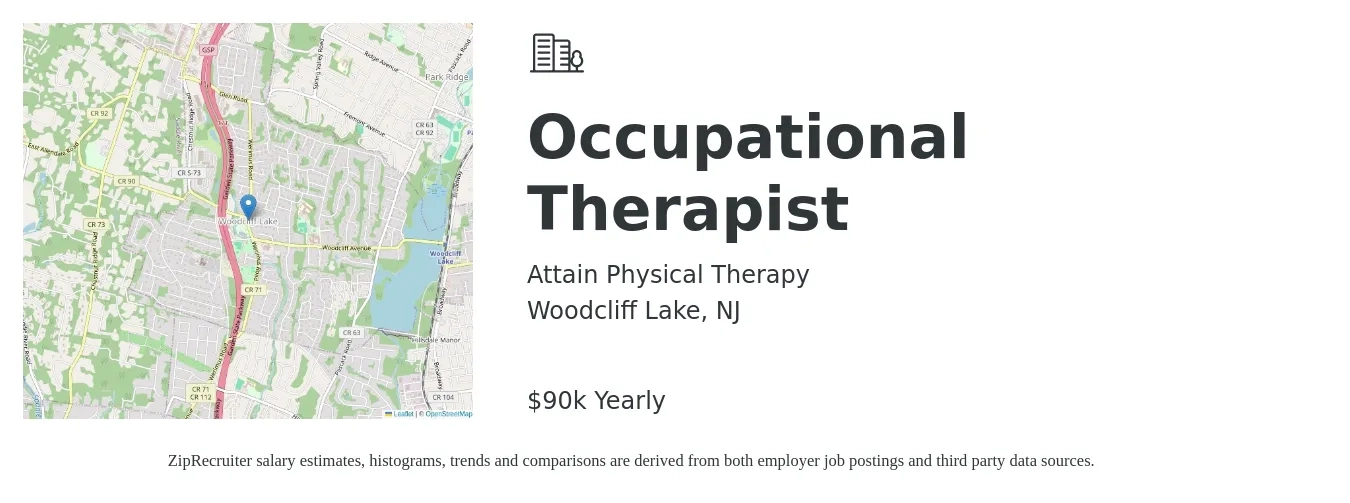 Attain Physical Therapy job posting for a Occupational Therapist in Woodcliff Lake, NJ with a salary of $90,000 Yearly with a map of Woodcliff Lake location.
