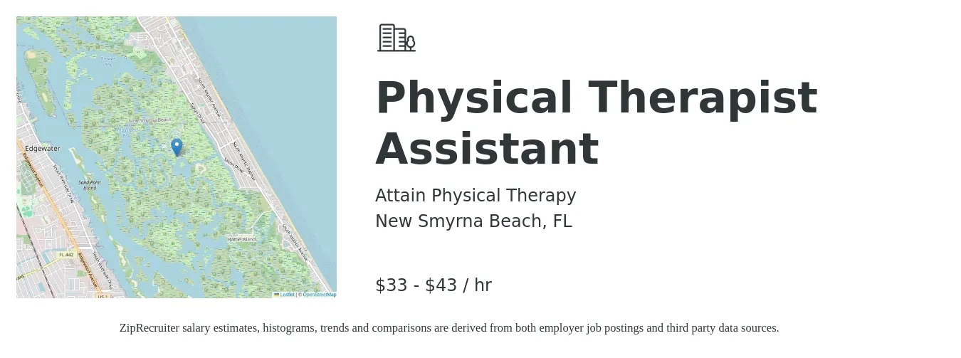 Attain Physical Therapy job posting for a Physical Therapist Assistant in New Smyrna Beach, FL with a salary of $35 to $45 Hourly with a map of New Smyrna Beach location.
