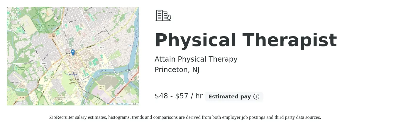 Attain Physical Therapy job posting for a Physical Therapist in Princeton, NJ with a salary of $50 to $60 Hourly with a map of Princeton location.