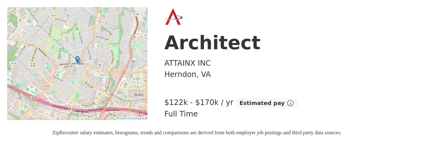 ATTAINX INC job posting for a Architect in Herndon, VA with a salary of $122,000 to $170,000 Yearly with a map of Herndon location.