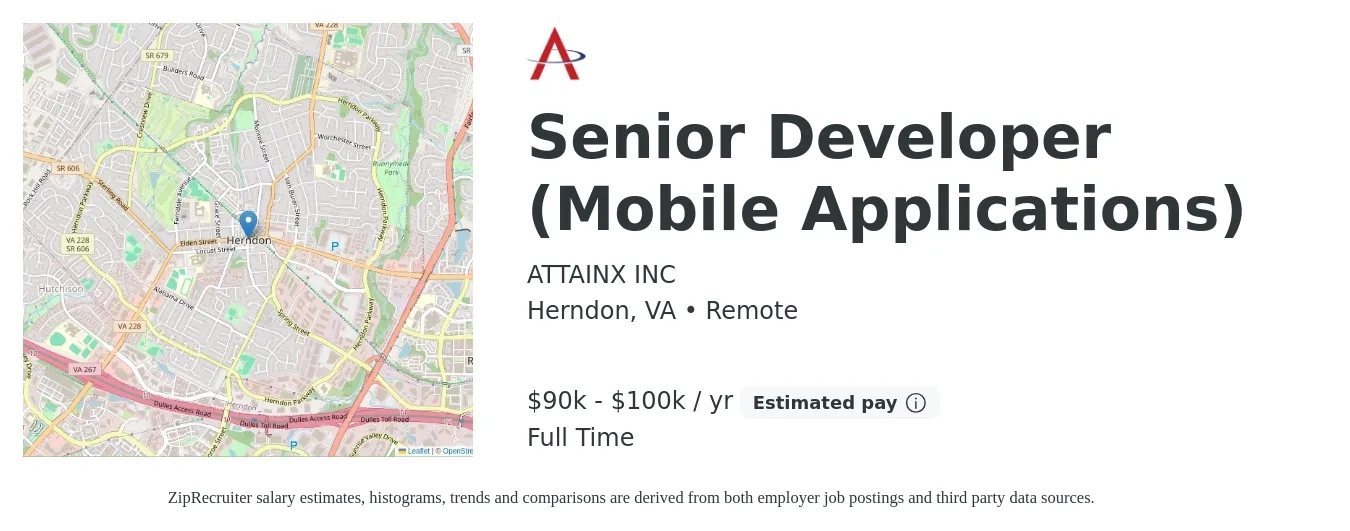 ATTAINX, Inc. job posting for a Senior Developer (Mobile Applications) in Herndon, VA with a salary of $90,000 to $100,000 Yearly with a map of Herndon location.