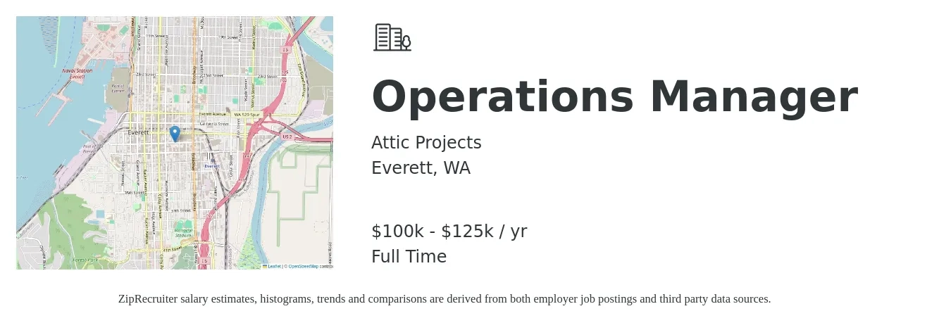 Attic Projects job posting for a Operations Manager in Everett, WA with a salary of $100,000 to $125,000 Yearly with a map of Everett location.