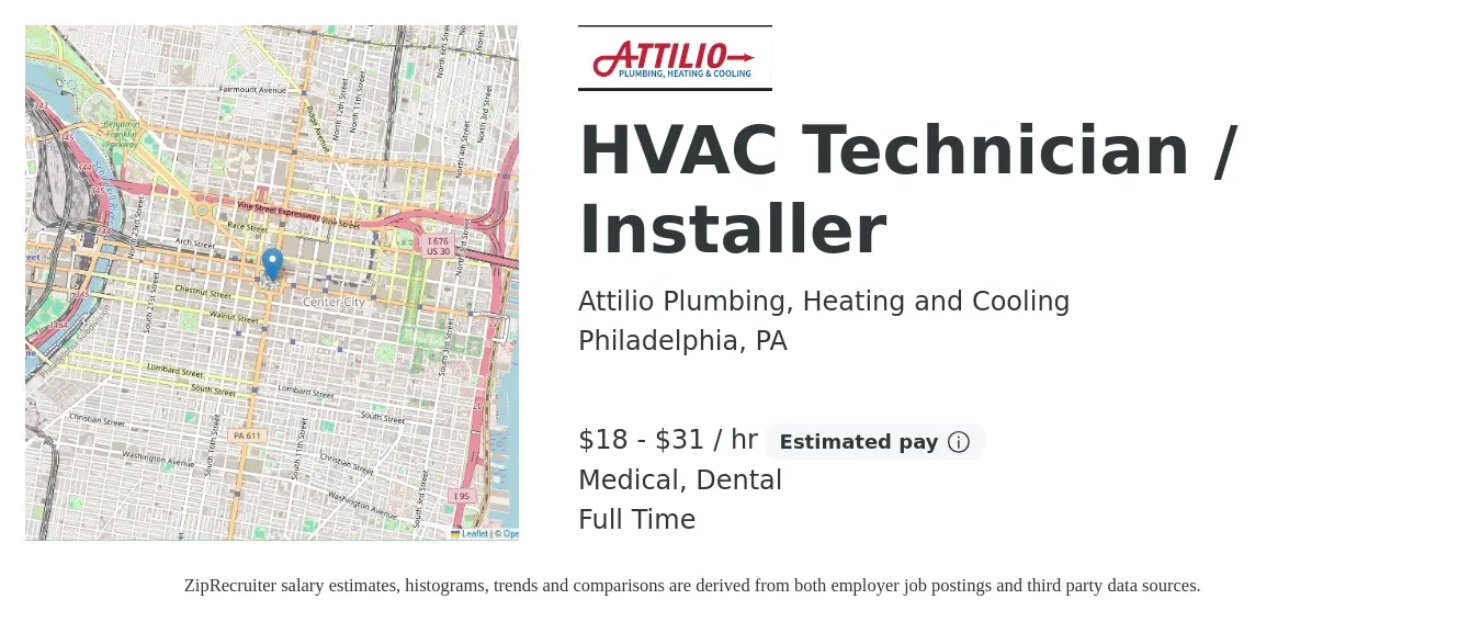 Attilio Plumbing, Heating and Cooling job posting for a HVAC Technician / Installer in Philadelphia, PA with a salary of $19 to $33 Hourly (plus commission) and benefits including medical, retirement, and dental with a map of Philadelphia location.