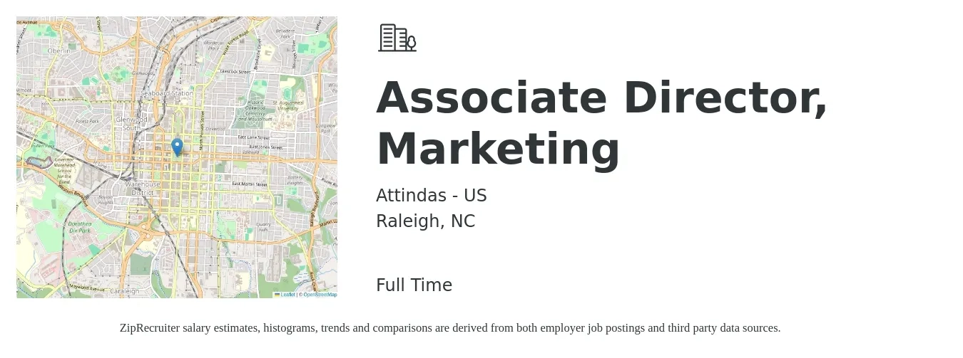 Attindas - US job posting for a Associate Director, Marketing in Raleigh, NC with a salary of $36,100 to $49,800 Yearly with a map of Raleigh location.