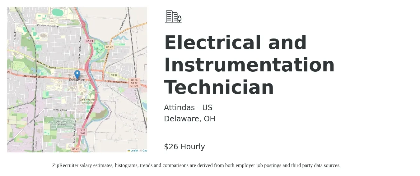 Attindas - US job posting for a Electrical and Instrumentation Technician in Delaware, OH with a salary of $28 Hourly with a map of Delaware location.