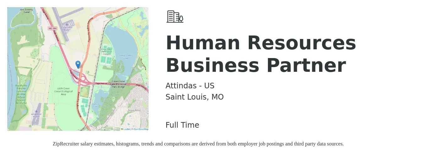 Attindas - US job posting for a Human Resources Business Partner in Saint Louis, MO with a salary of $67,400 to $96,000 Yearly with a map of Saint Louis location.