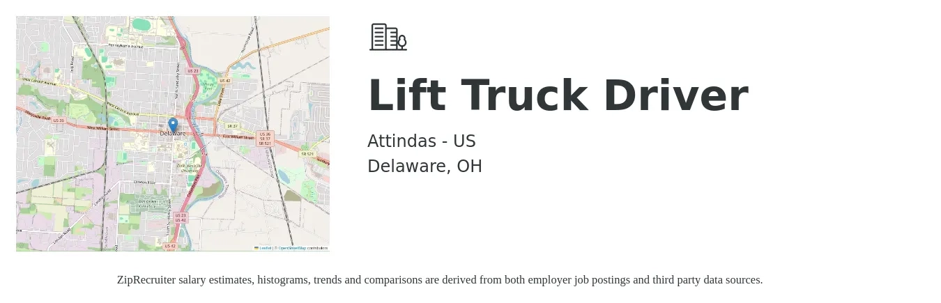 Attindas - US job posting for a Lift Truck Driver in Delaware, OH with a salary of $17 Hourly with a map of Delaware location.