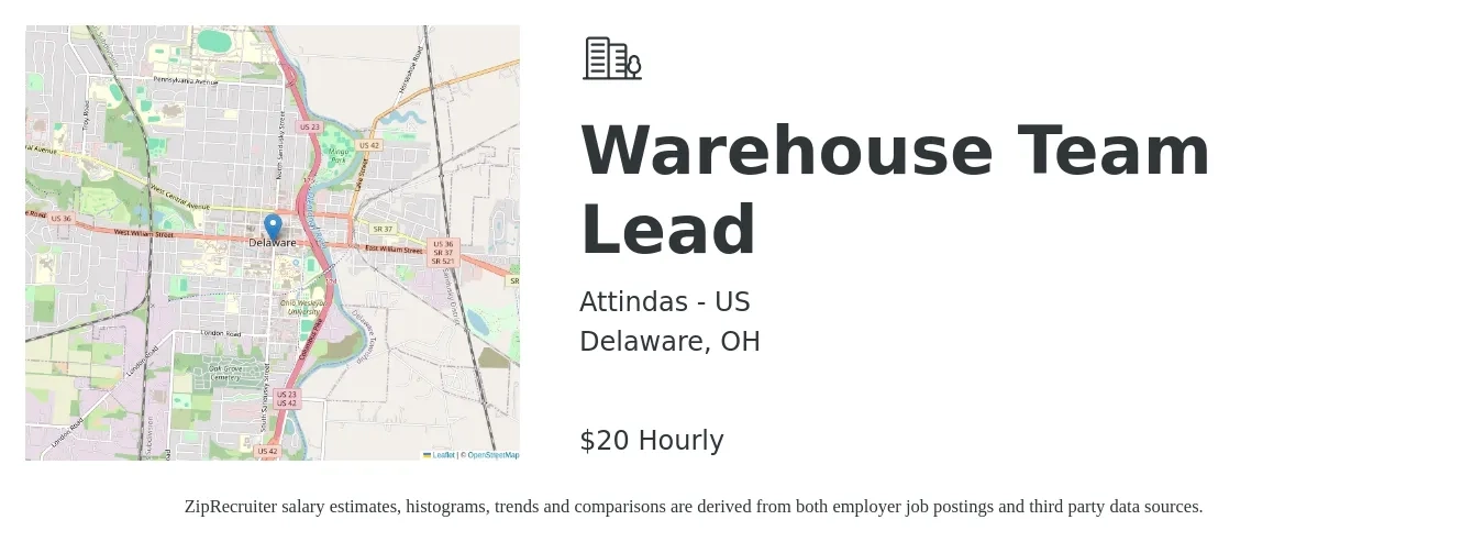 Attindas - US job posting for a Warehouse Team Lead in Delaware, OH with a salary of $21 Hourly with a map of Delaware location.