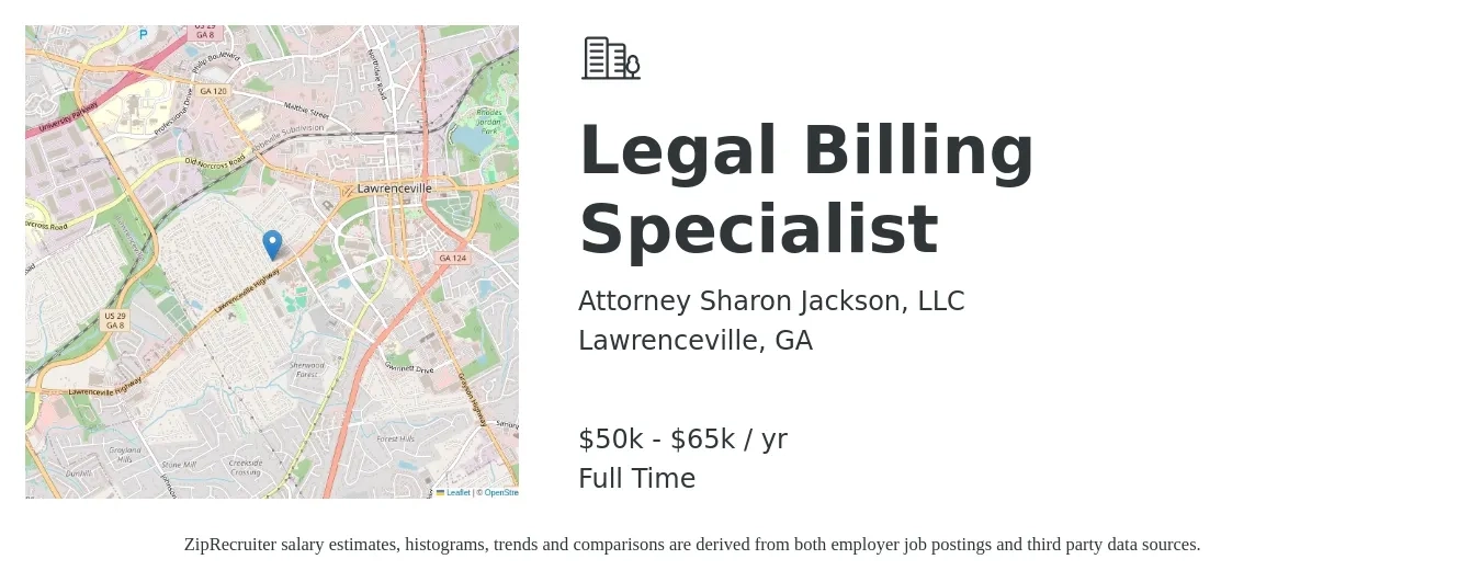 Attorney Sharon Jackson, LLC job posting for a Legal Billing Specialist in Lawrenceville, GA with a salary of $50,000 to $65,000 Yearly with a map of Lawrenceville location.