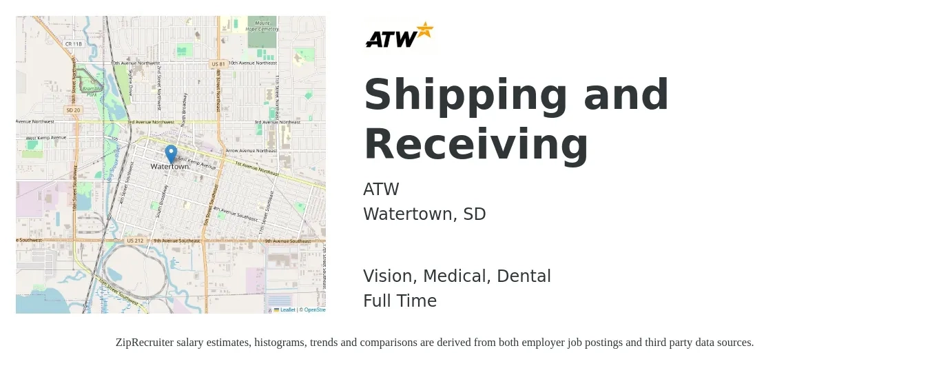 ATW job posting for a Shipping and Receiving in Watertown, SD with a salary of $16 to $19 Hourly and benefits including dental, life_insurance, medical, retirement, and vision with a map of Watertown location.