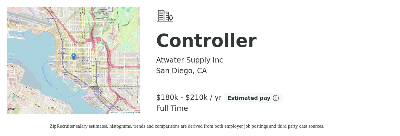 Atwater Supply Inc job posting for a Controller in San Diego, CA with a salary of $180,000 to $210,000 Yearly with a map of San Diego location.
