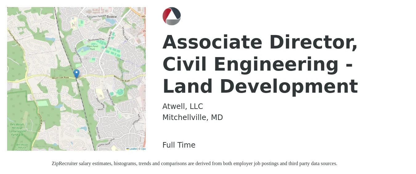 Atwell, LLC job posting for a Associate Director, Civil Engineering - Land Development in Mitchellville, MD with a salary of $70,000 to $99,400 Yearly with a map of Mitchellville location.