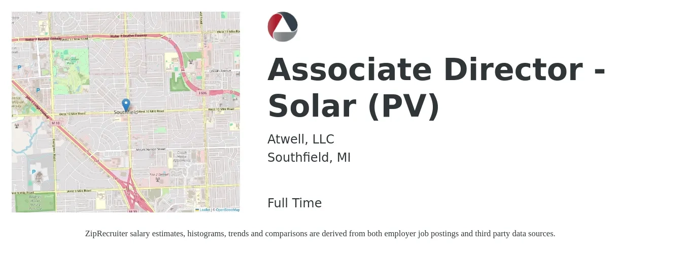 Atwell, LLC job posting for a Associate Director - Solar (PV) in Southfield, MI with a salary of $64,200 to $129,300 Yearly with a map of Southfield location.