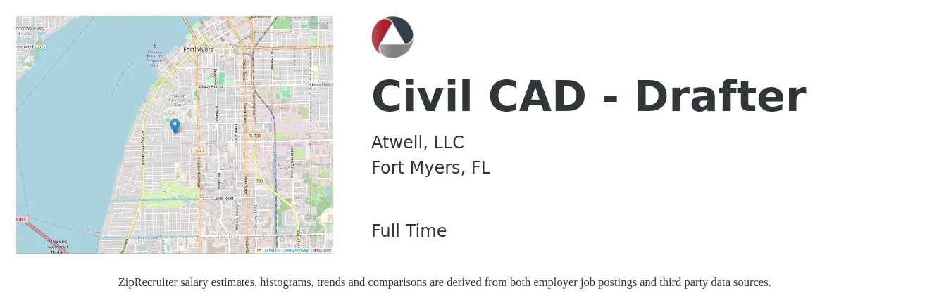 Atwell, LLC job posting for a Civil CAD - Drafter in Fort Myers, FL with a salary of $21 to $28 Hourly with a map of Fort Myers location.