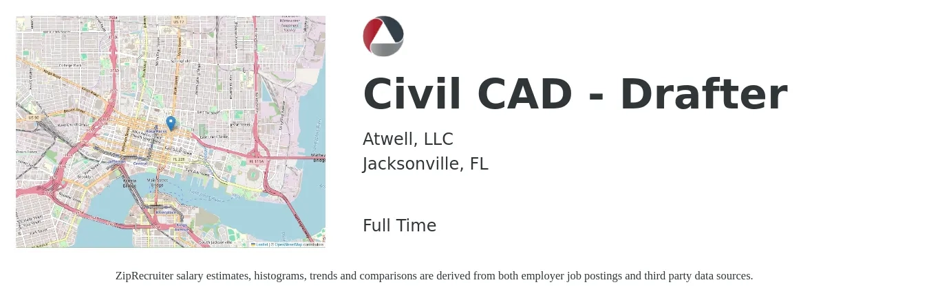 Atwell, LLC job posting for a Civil CAD - Drafter in Jacksonville, FL with a salary of $21 to $28 Hourly with a map of Jacksonville location.