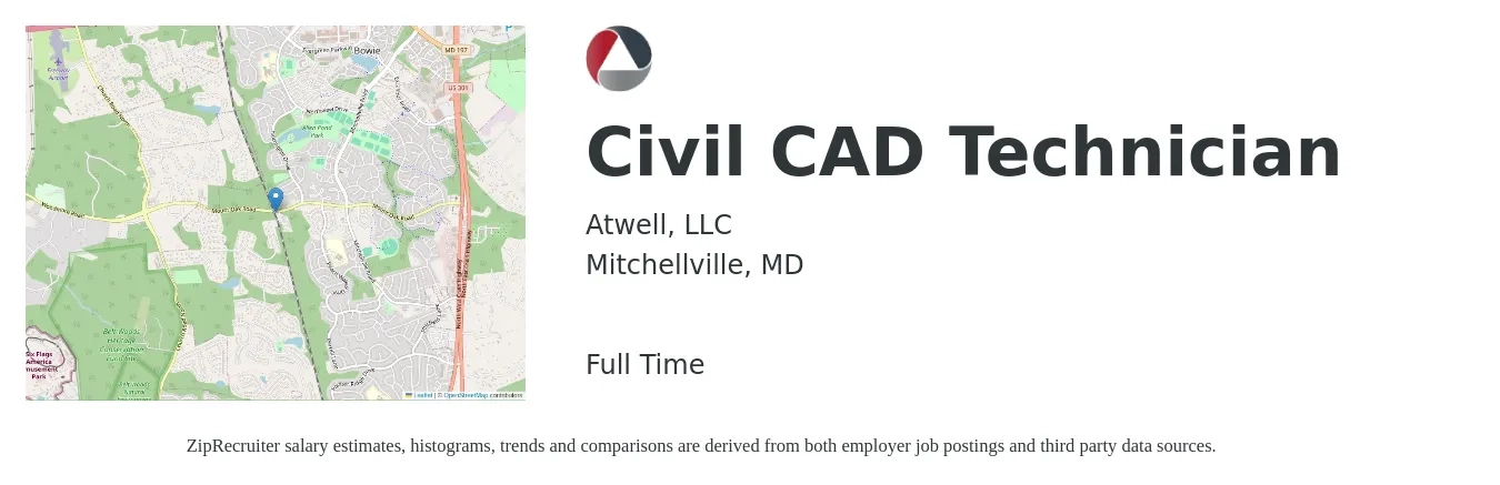 Atwell, LLC job posting for a Civil CAD Technician in Mitchellville, MD with a salary of $21 to $31 Hourly with a map of Mitchellville location.
