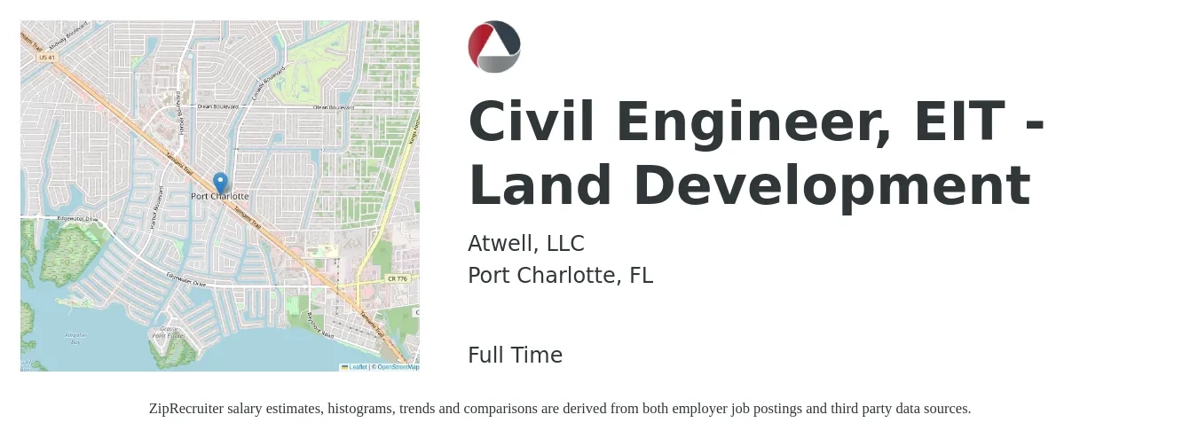 Atwell, LLC job posting for a Civil Engineer, EIT - Land Development in Port Charlotte, FL with a salary of $55,700 to $81,300 Yearly with a map of Port Charlotte location.