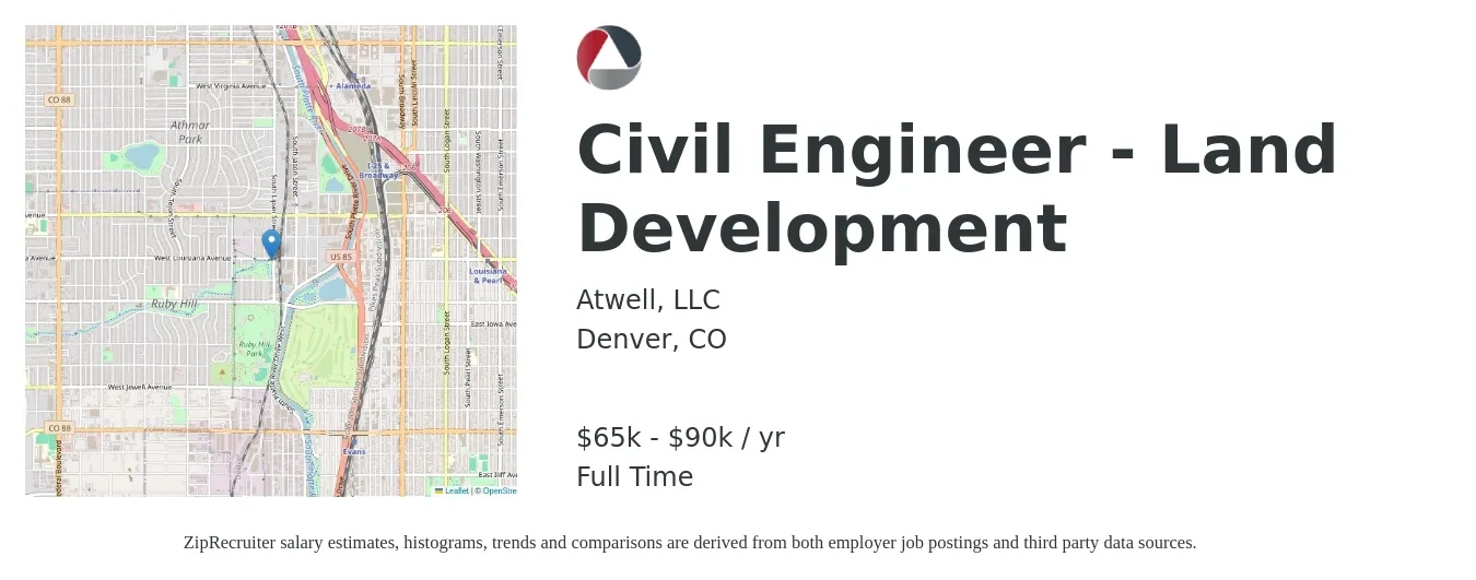 Atwell, LLC job posting for a Civil Engineer - Land Development in Denver, CO with a salary of $65,000 to $90,000 Yearly with a map of Denver location.