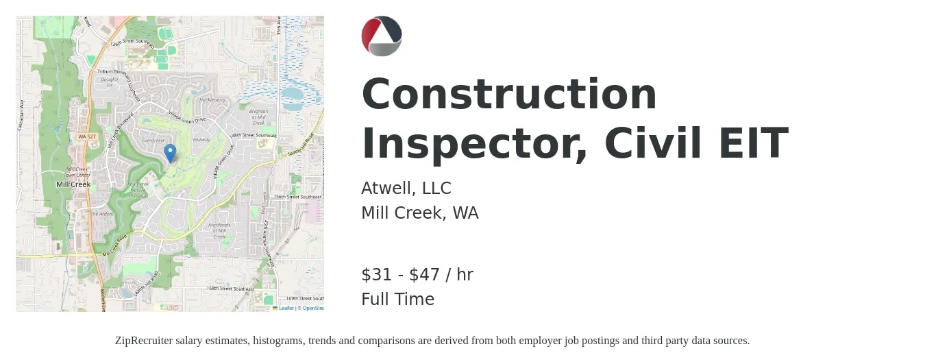 Atwell, LLC job posting for a Construction Inspector, Civil EIT in Mill Creek, WA with a salary of $33 to $49 Hourly with a map of Mill Creek location.