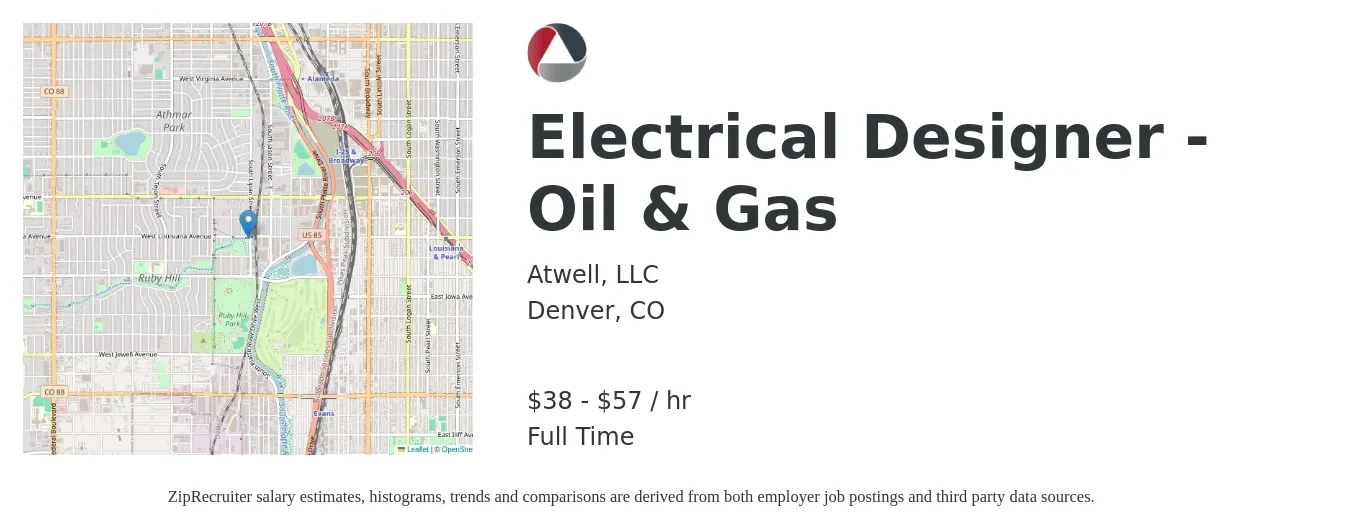 Atwell, LLC job posting for a Electrical Designer - Oil & Gas in Denver, CO with a salary of $40 to $60 Hourly with a map of Denver location.
