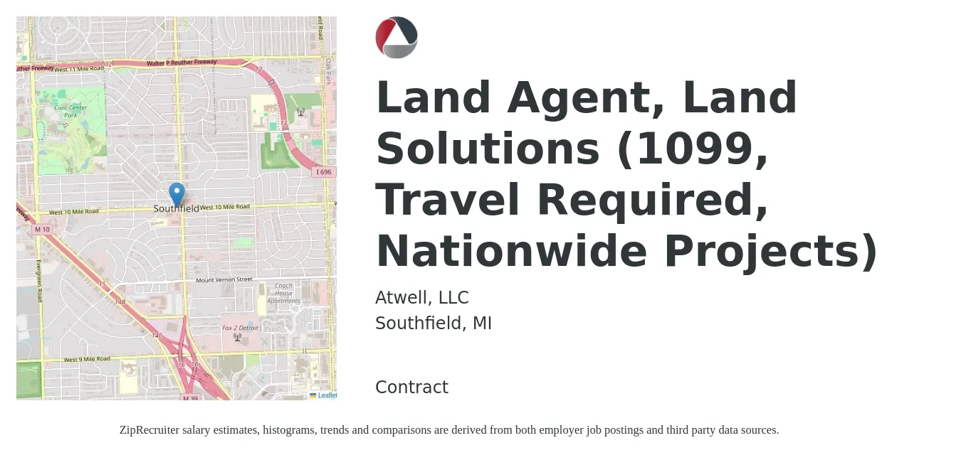 Atwell, LLC job posting for a Land Agent, Land Solutions (1099, Travel Required, Nationwide Projects) in Southfield, MI with a salary of $30 to $38 Hourly with a map of Southfield location.