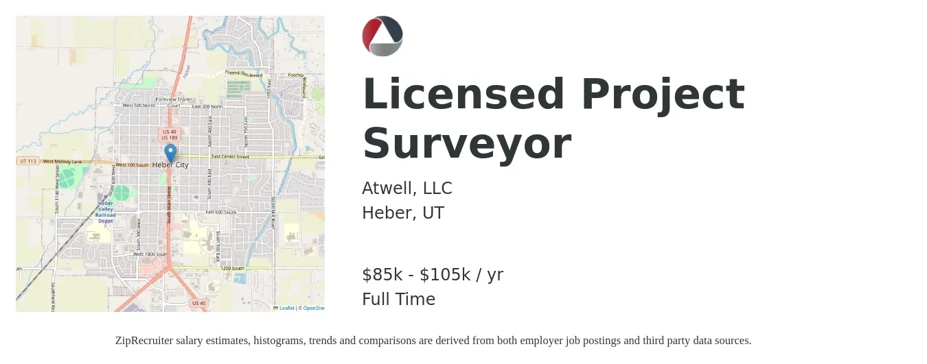 Atwell, LLC job posting for a Licensed Project Surveyor in Heber, UT with a salary of $85,000 to $105,000 Yearly with a map of Heber location.