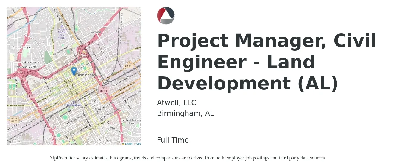 Atwell, LLC job posting for a Project Manager, Civil Engineer - Land Development (AL) in Birmingham, AL with a salary of $79,700 to $106,400 Yearly with a map of Birmingham location.