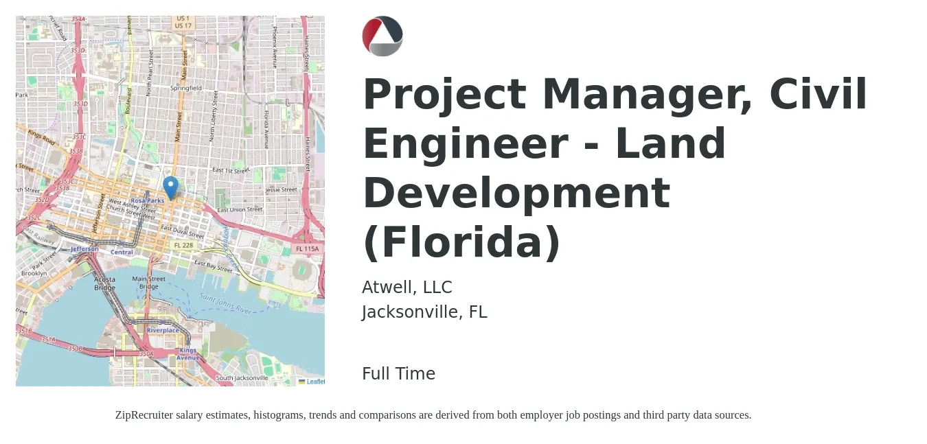 Atwell, LLC job posting for a Project Manager, Civil Engineer - Land Development (Florida) in Jacksonville, FL with a salary of $78,800 to $105,200 Yearly with a map of Jacksonville location.