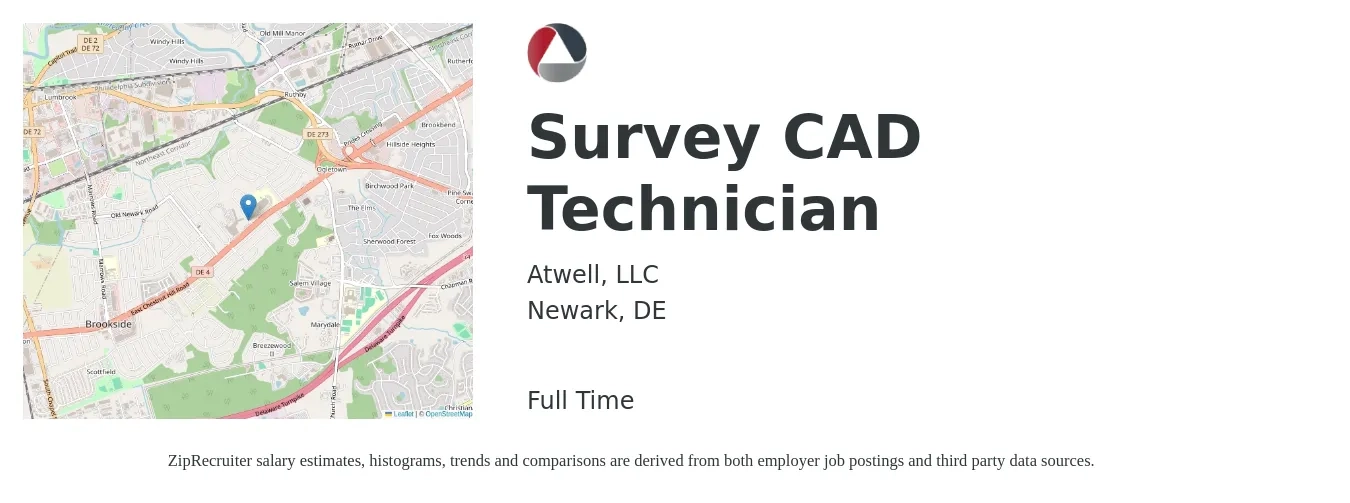 Atwell, LLC job posting for a Survey CAD Technician in Newark, DE with a salary of $22 to $32 Hourly with a map of Newark location.