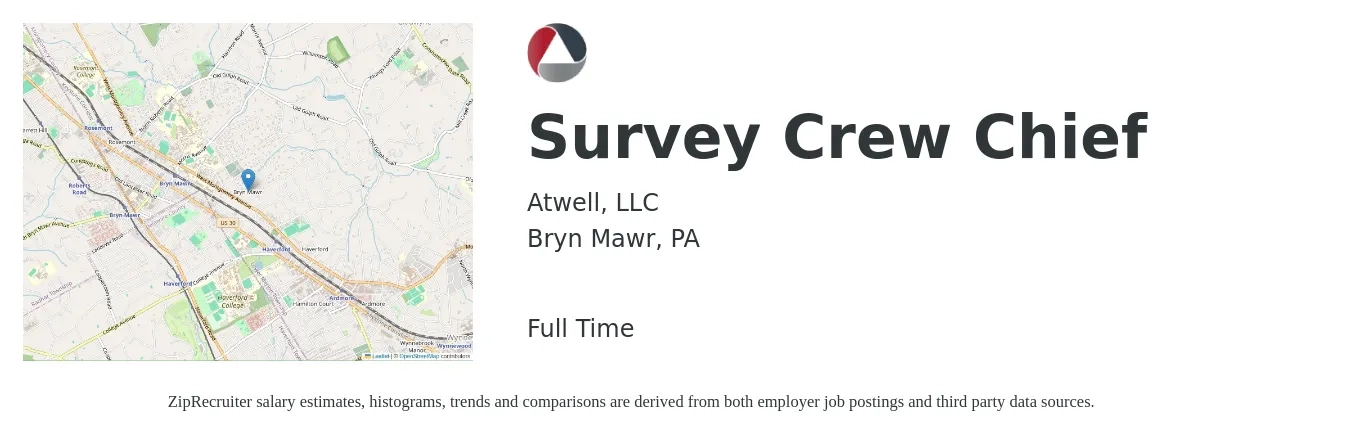 Atwell, LLC job posting for a Survey Crew Chief in Bryn Mawr, PA with a salary of $22 to $33 Hourly with a map of Bryn Mawr location.
