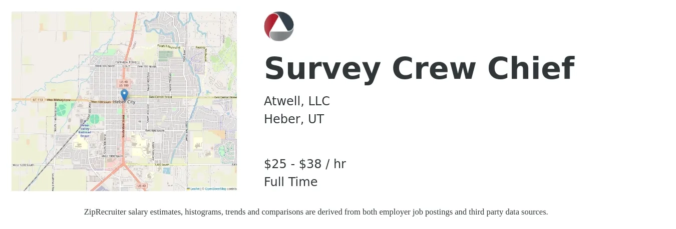 Atwell, LLC job posting for a Survey Crew Chief in Heber, UT with a salary of $27 to $40 Hourly with a map of Heber location.