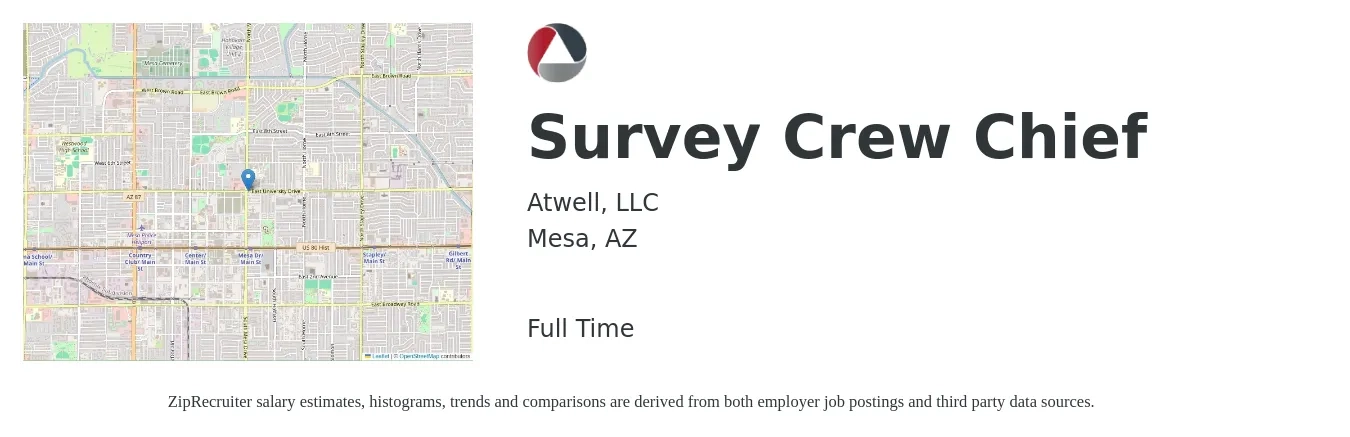 Atwell, LLC job posting for a Survey Crew Chief in Mesa, AZ with a salary of $25 to $37 Hourly with a map of Mesa location.