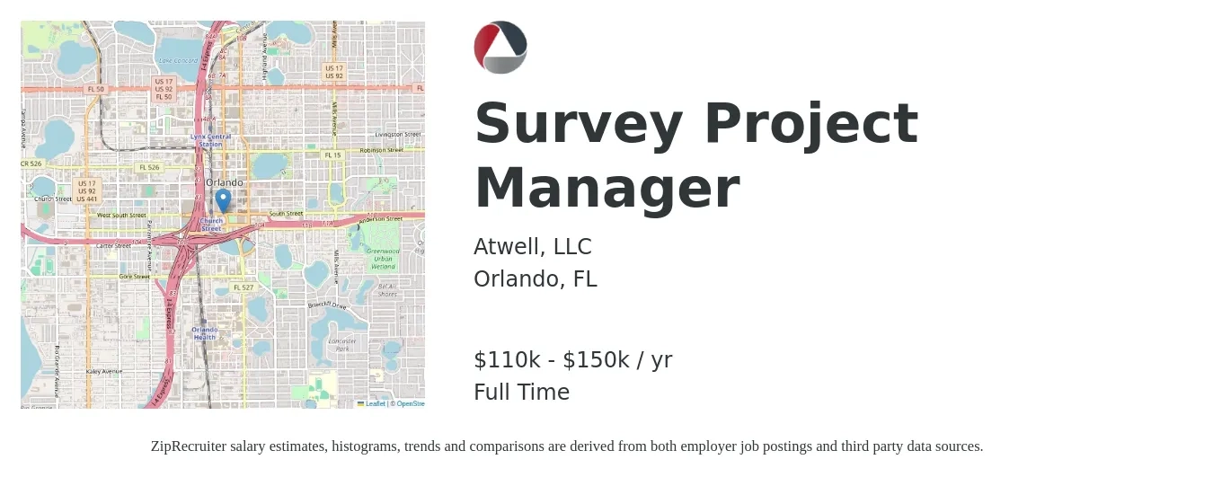 Atwell, LLC job posting for a Survey Project Manager in Orlando, FL with a salary of $110,000 to $150,000 Yearly with a map of Orlando location.
