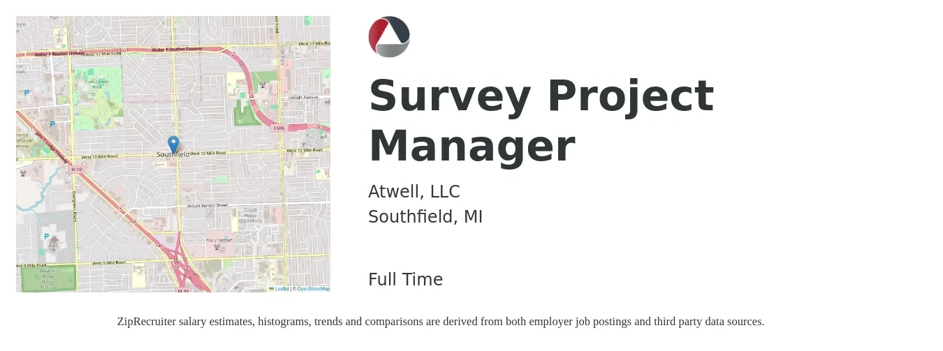 Atwell, LLC job posting for a Survey Project Manager in Southfield, MI with a salary of $79,800 to $110,500 Yearly with a map of Southfield location.