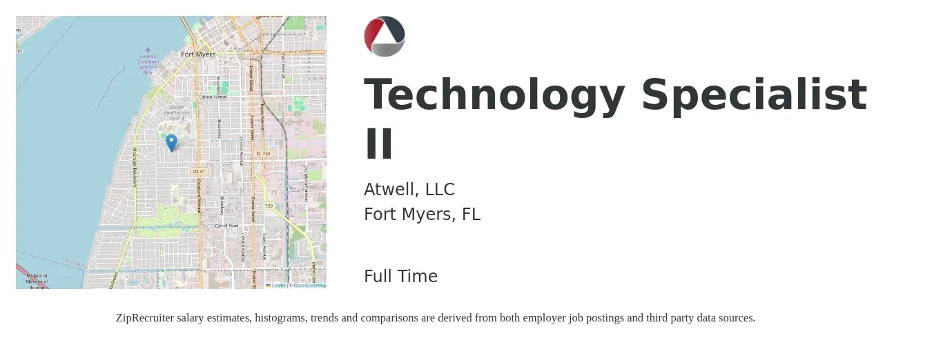 Atwell, LLC job posting for a Technology Specialist II in Fort Myers, FL with a salary of $19 to $30 Hourly with a map of Fort Myers location.