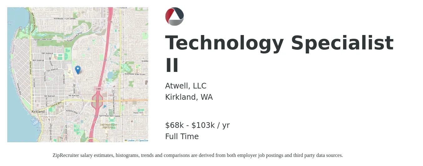 Atwell, LLC job posting for a Technology Specialist II in Kirkland, WA with a salary of $68,000 to $103,000 Yearly with a map of Kirkland location.