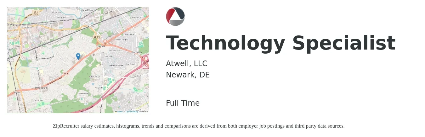 Atwell, LLC job posting for a Technology Specialist in Newark, DE with a salary of $20 to $32 Hourly with a map of Newark location.