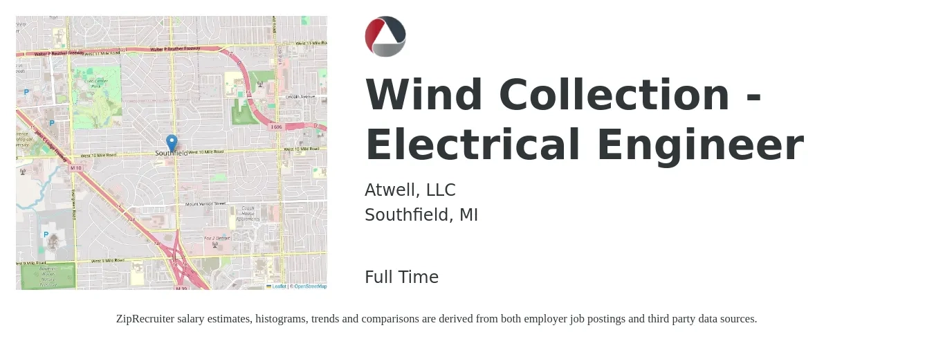 Atwell, LLC job posting for a Wind Collection - Electrical Engineer in Southfield, MI with a salary of $76,100 to $121,100 Yearly with a map of Southfield location.