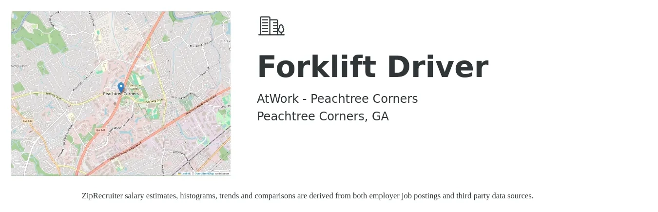 AtWork Peachtree Corners job posting for a Forklift Driver in Peachtree Corners, GA with a salary of $16 to $19 Hourly with a map of Peachtree Corners location.
