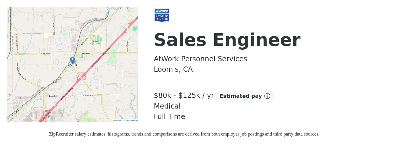 AtWork Personnel Services job posting for a Sales Engineer in Loomis, CA with a salary of $80,000 to $95,000 Yearly and benefits including medical with a map of Loomis location.